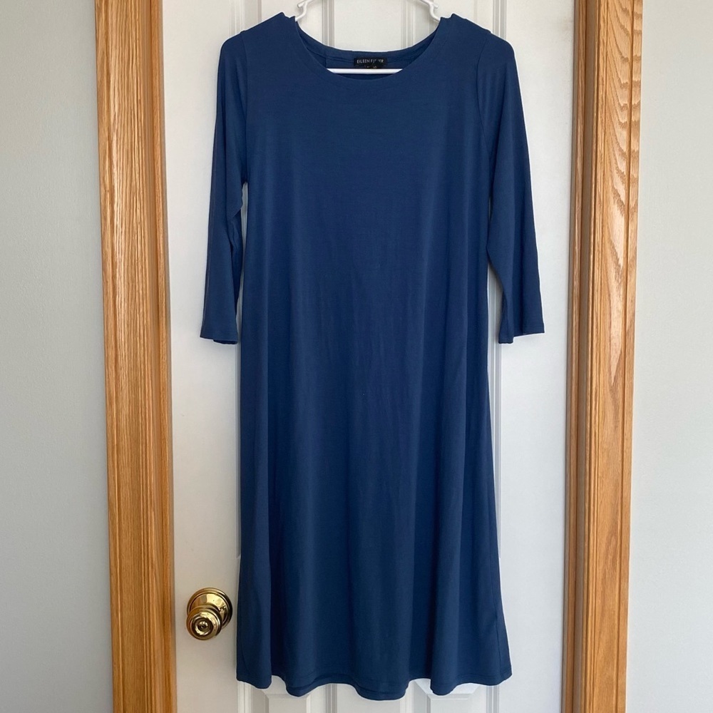 Eileen Fisher Blue 3/4 Sleeve Viscose Dress with Back Tie Detail Size XS